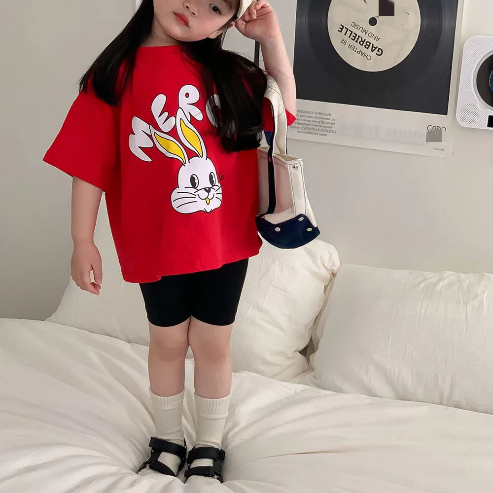 5192B Детская футболка Лето 2023, Корейская Повседневная футболка с короткими рукавами для девочек, Футболка с Рисунком Кролика Для мальчиков, Красные Топы