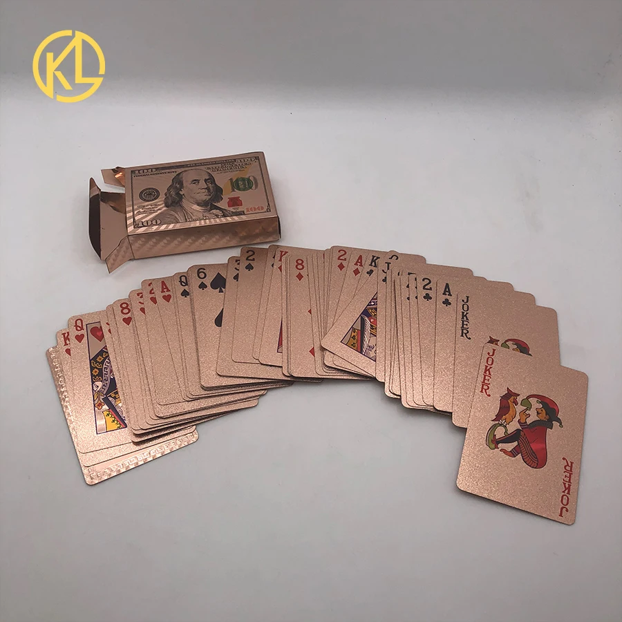Kelin Горячая распродажа водонепроницаемые карты для покера из розового золота с дизайном в 100 долларов США для игровых денег или свадебных подарков