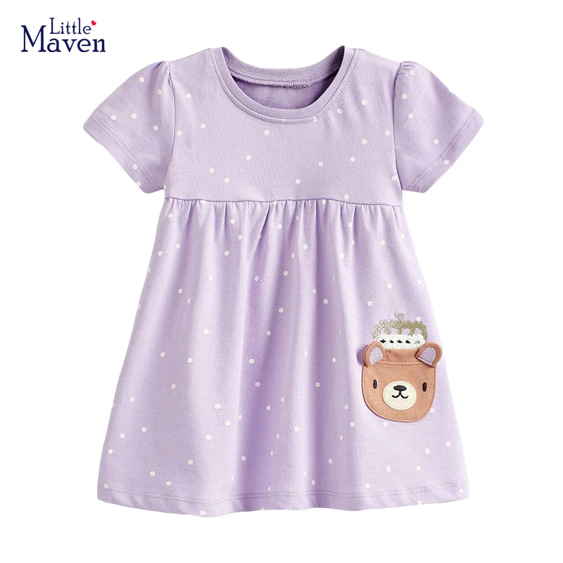Little Maven / 2023 Летняя детская одежда для маленьких девочек, платья с короткими рукавами, детская одежда с мультяшным медведем, Vestidos, хлопок