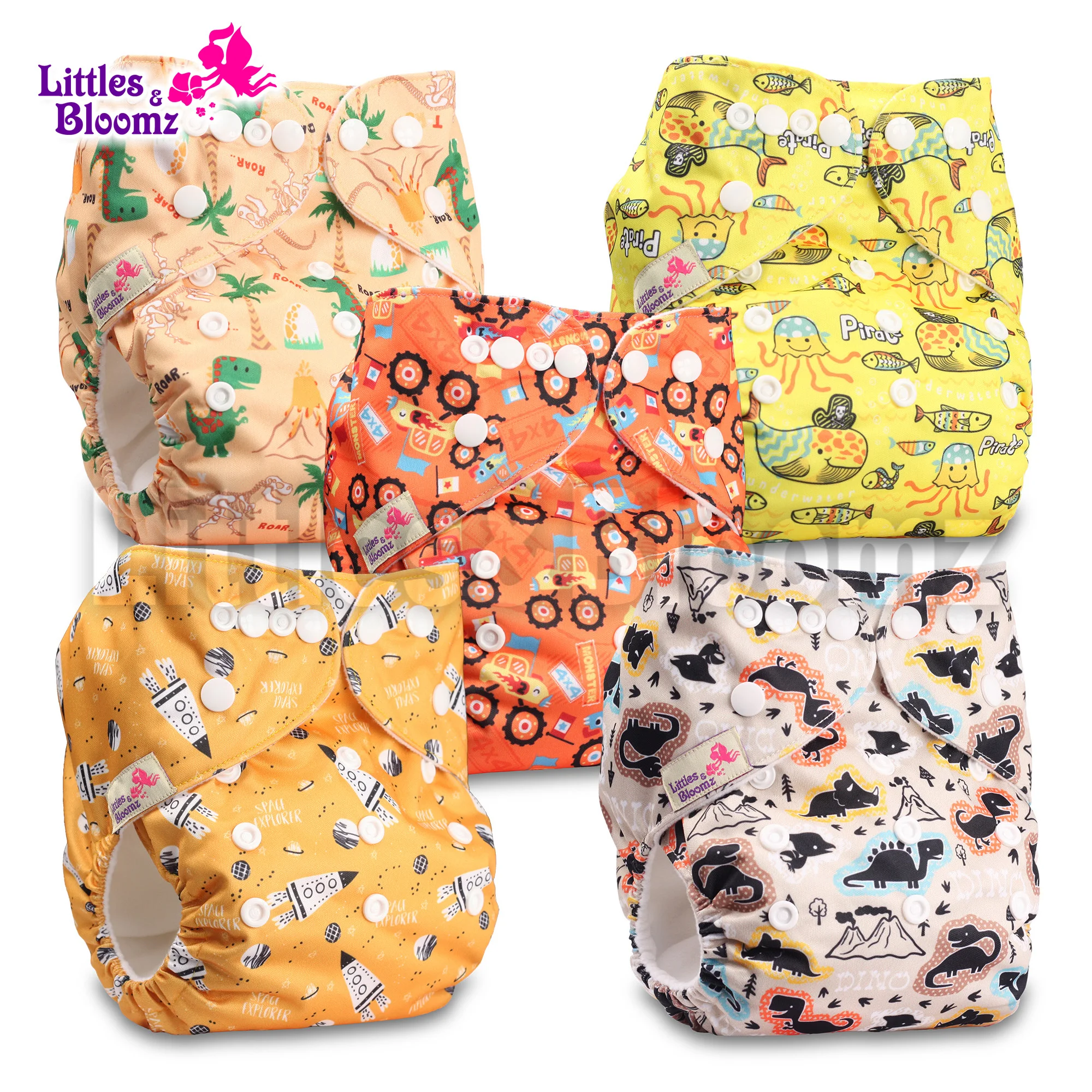 [Littles & Bloomz] 5 шт. / компл. Детский Моющийся Многоразовый карманный подгузник из натуральной ткани, 5 подгузников и 5 вставок из микрофибры в одном наборе