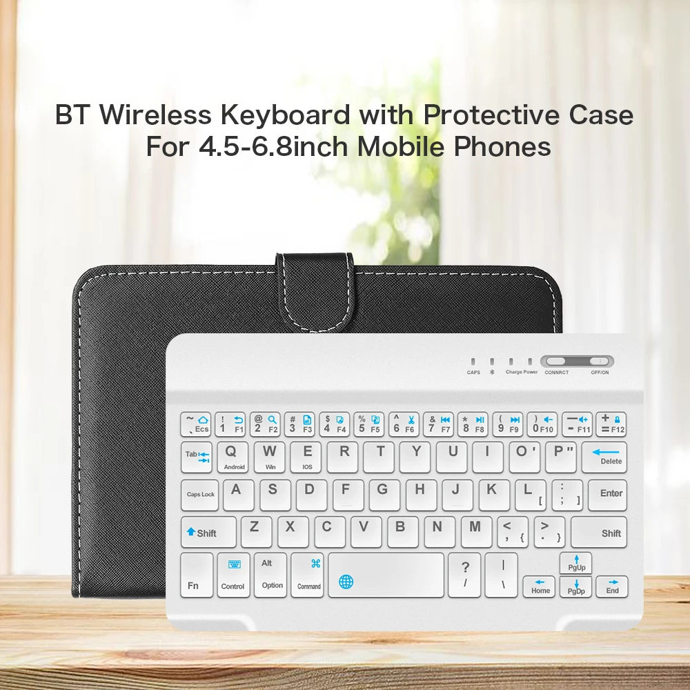 Беспроводная клавиатура BT Портативная из искусственной кожи с защитным чехлом для мобильных телефонов с диагональю 4,5-6,8 дюймов, черная клавиатура