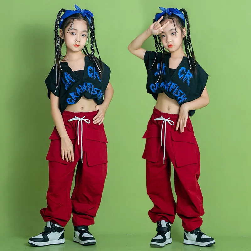 Детская одежда в стиле хип-хоп, Складная футболка, Укороченный топ, Летняя Уличная одежда, Шорты с рюшами, Брюки-карго для девочек, джазовый танцевальный костюм, одежда