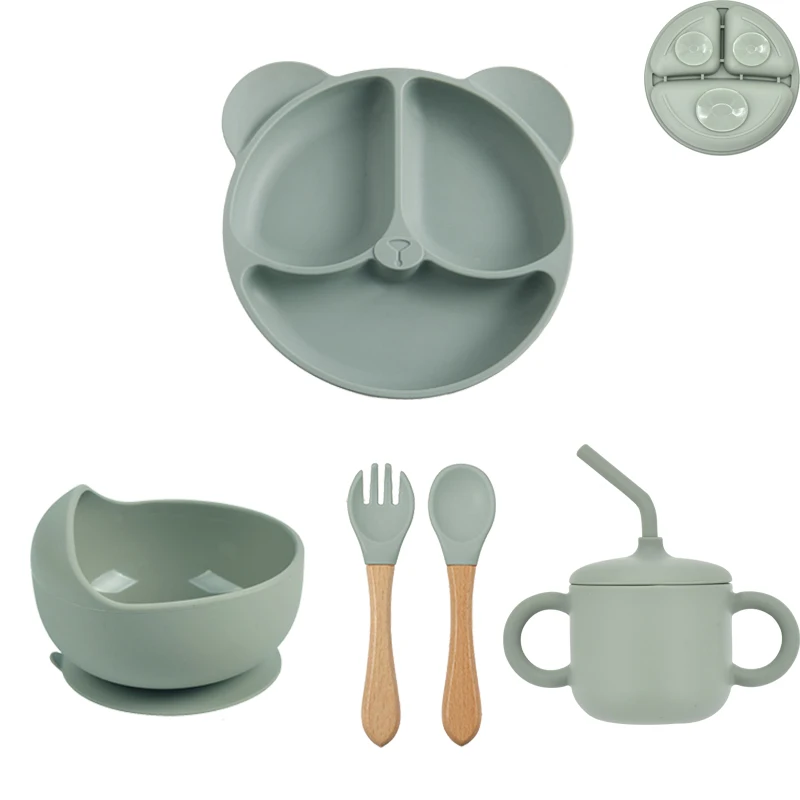 Детский силиконовый набор посуды для кормления ребенка, Тарелка-присоска в форме совы и Медведя, Миска, Детский Водонепроницаемый нагрудник, Нескользящая посуда