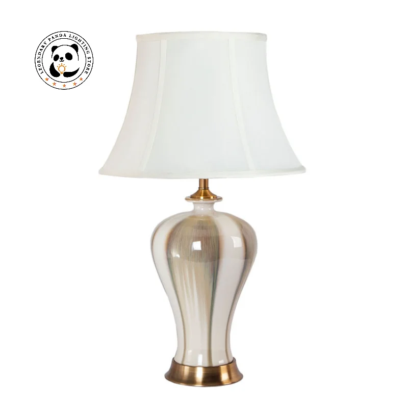 Дизайнерская Красочная Глазурованная Керамическая настольная лампа E27 Glaze Body Stripe Art с тканевым абажуром на медной основе, Роскошный декор комнаты, Настольная лампа