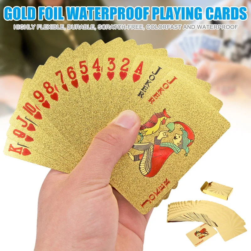 Игральные карты, покрытые золотой фольгой Настольные игры в покер, пластиковые водонепроницаемые карты, инструмент для фокусов, прямая поставка
