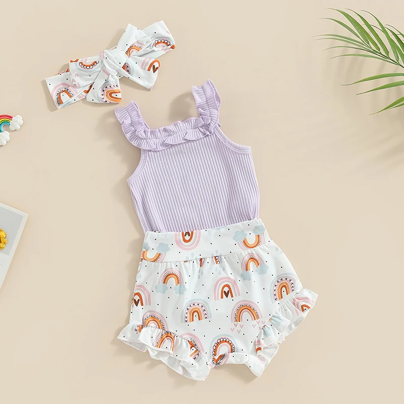 Комплекты Одежды для новорожденных девочек, повседневный комбинезон без рукавов с шортами с радужным принтом, боди с лентой для волос, летняя одежда для младенцев