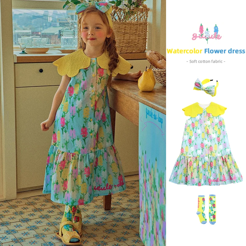 Корейская детская одежда для девочек, платье в цветочек, новинка 2023 года, Летнее платье принцессы для девочек Bebe, одежда от 2 до 8 лет
