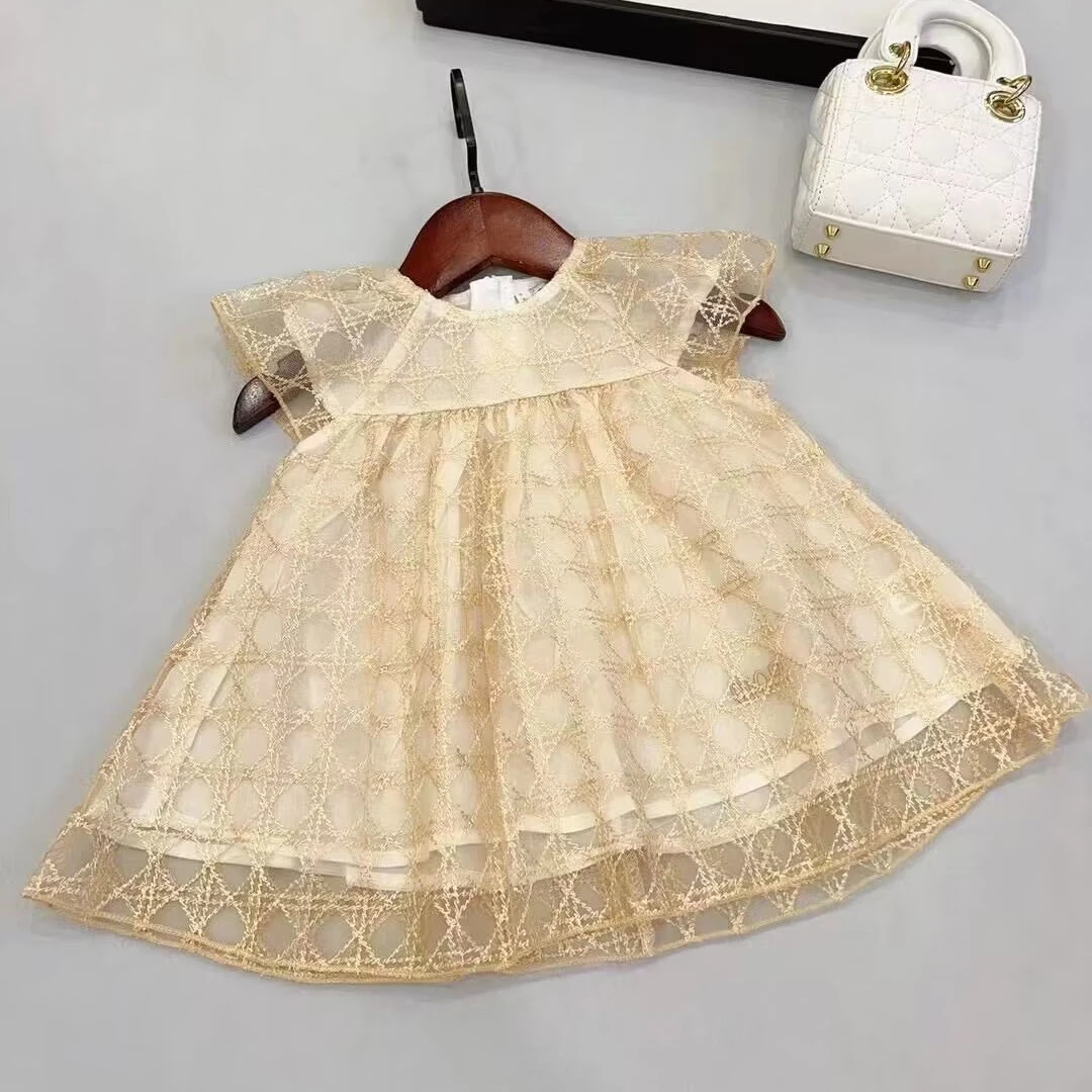 Кружевное платье с круглым вырезом для девочек 2023 Летнее детское платье для маленьких и средних детей Модное платье без рукавов