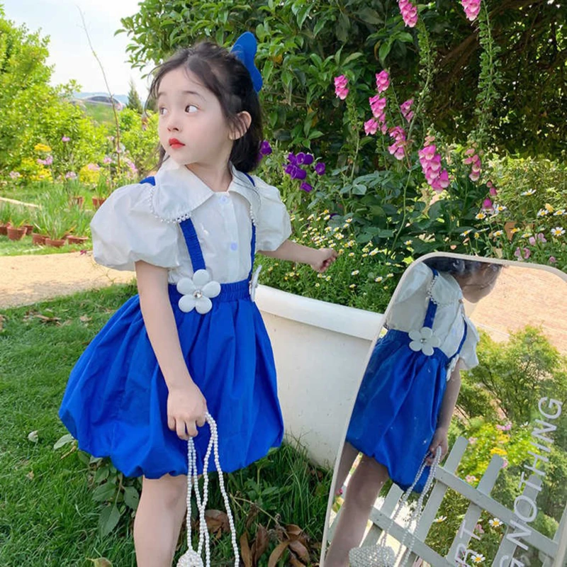 Летняя одежда для девочек от 6 м до 6 лет, голубой костюм Klein для малышей, модная рубашка + юбка на ремешках, комплект из двух предметов