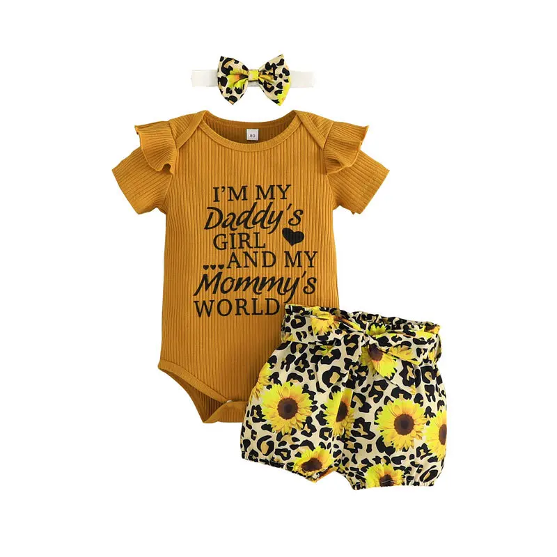 Модный летний комплект одежды для новорожденных девочек Комбинезон с коротким рукавом и рюшами Топы Шорты с цветочным принтом Повязка на голову Детские 3шт Наряды 40