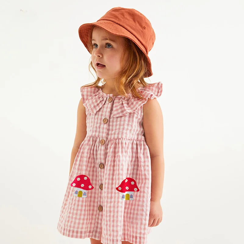 Платье для девочек 2023 Летняя розовая юбка в клетку из чистого хлопка Повседневная детская одежда 2-8 лет Детская одежда