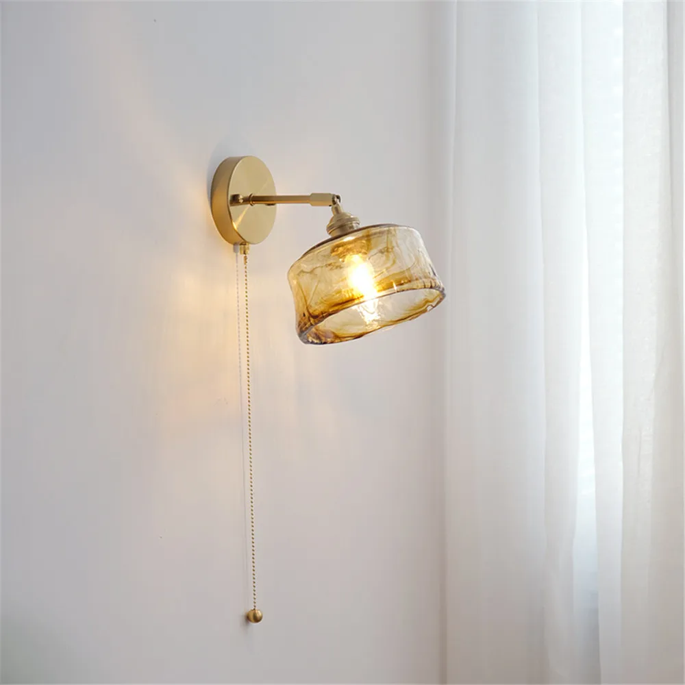 Ретро Поворотный настенный светильник в стиле Лофт с медным стеклянным абажуром, бра для чтения, настенный светильник с выключателем, приспособление для прикроватной тумбочки в ванной комнате, спальне