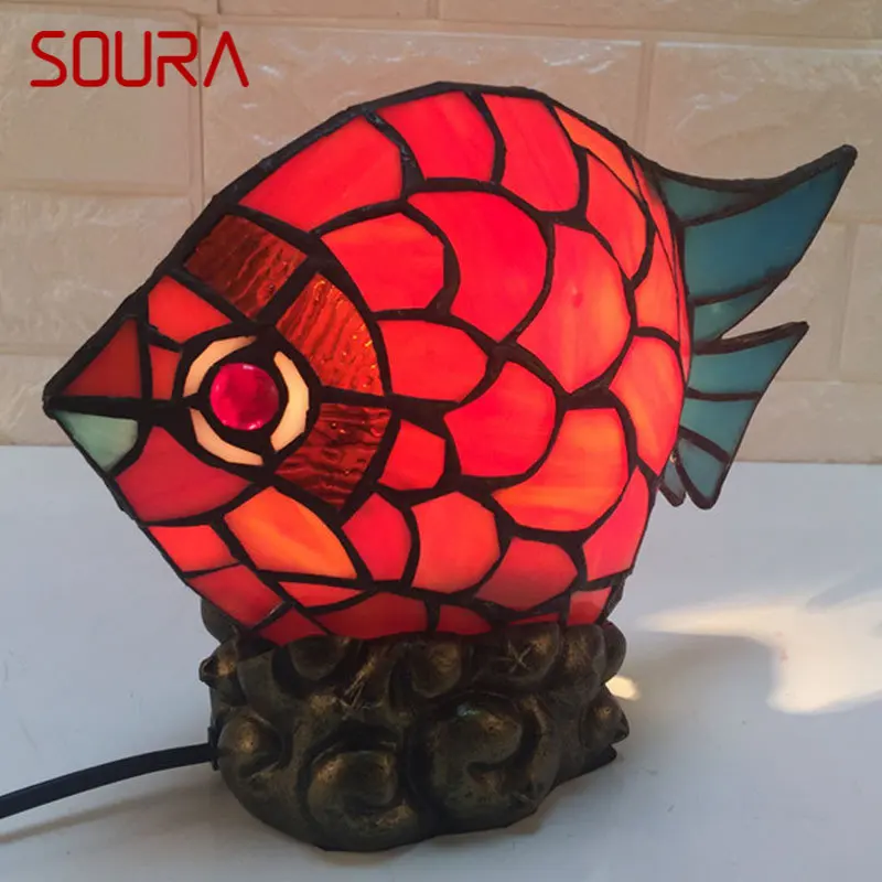 Стеклянная настольная лампа SOURA Tiffany, светодиодная Креативная новинка, Настольная лампа с красной рыбкой для домашнего кабинета, Прикроватный декор в спальне