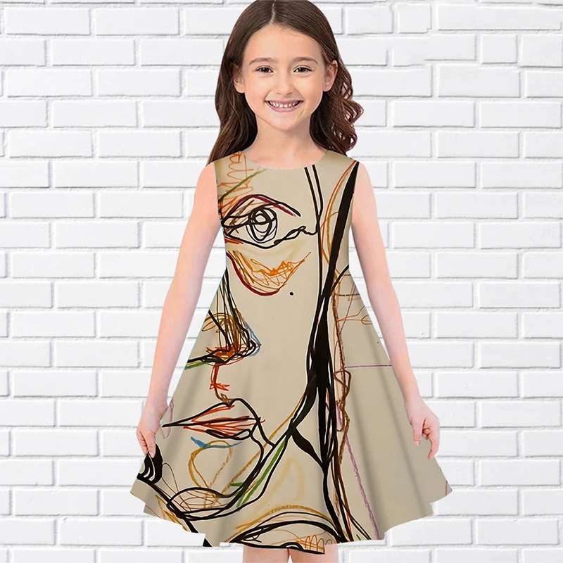Эскиз, 3D принт, летнее платье для девочек без рукавов, повседневные длинные платья с круглым вырезом, модные платья для девочек на Ид, детская одежда для девочек